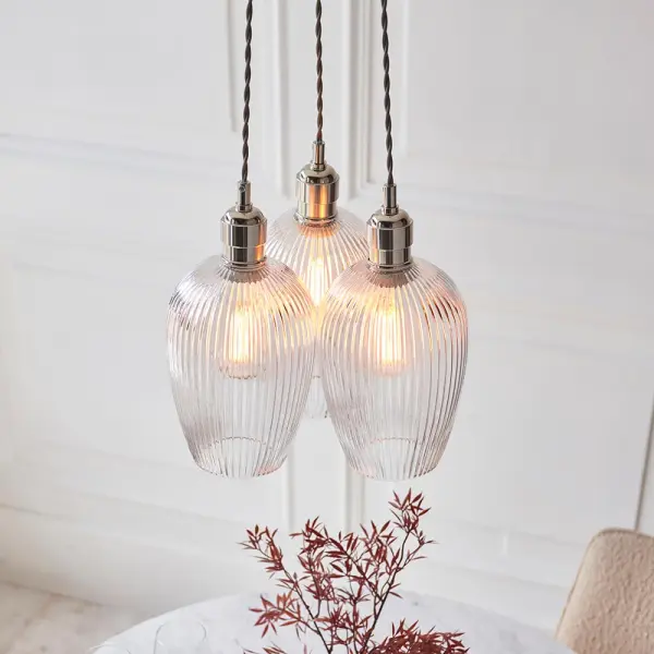Mia Polished Nickel 3 Light Cluster Pendant with Ribbed Glass Shades
