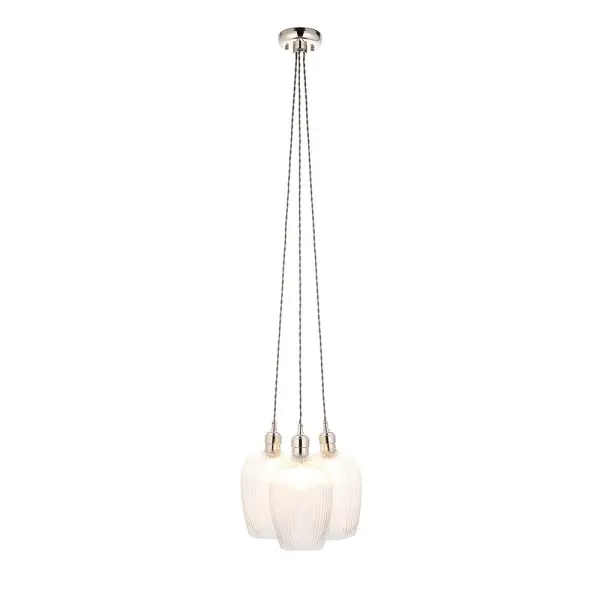 Mia Polished Nickel 3 Light Cluster Pendant with Ribbed Glass Shades