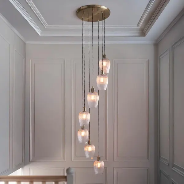 Millie Antique Brass 7 Light Pendant with Ribbed Glass Shades
