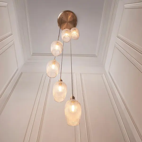 Millie Antique Brass 7 Light Pendant with Ribbed Glass Shades