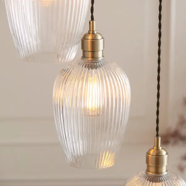 Millie Antique Brass 7 Light Pendant with Ribbed Glass Shades