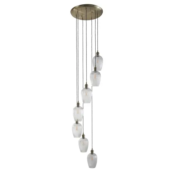 Millie Antique Brass 7 Light Pendant with Ribbed Glass Shades