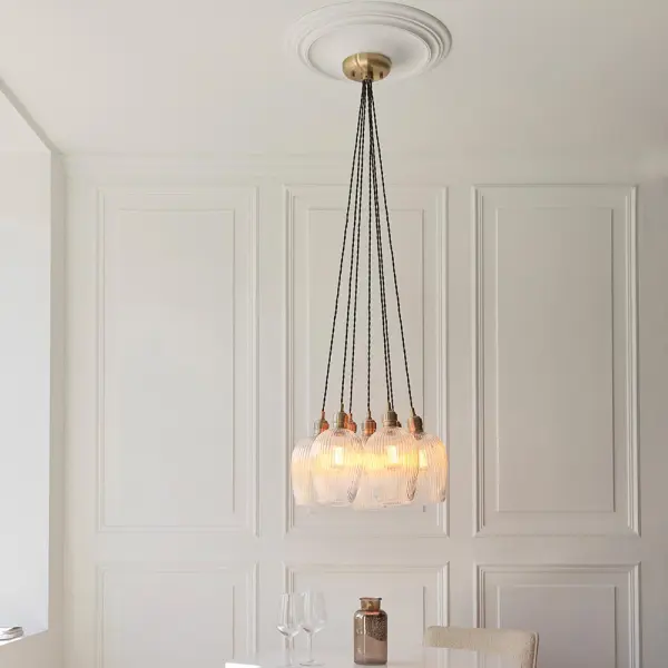 Mia Antique Brass 7 Light Cluster Pendant with Ribbed Glass Shades