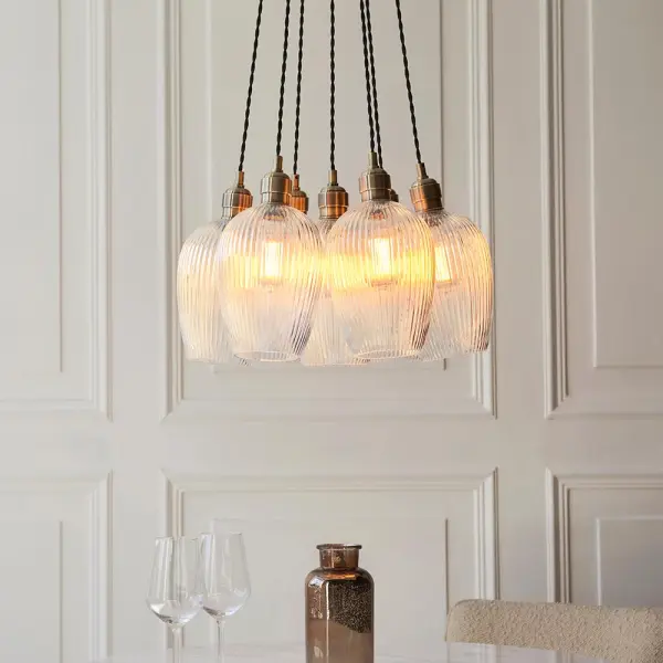 Mia Antique Brass 7 Light Cluster Pendant with Ribbed Glass Shades
