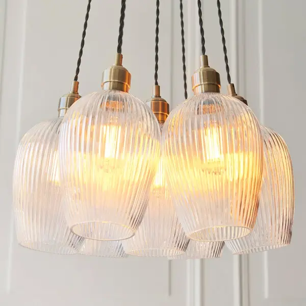 Mia Antique Brass 7 Light Cluster Pendant with Ribbed Glass Shades
