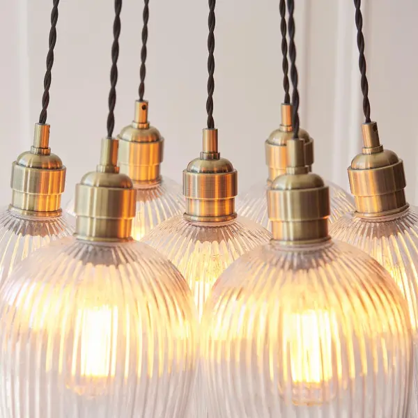 Mia Antique Brass 7 Light Cluster Pendant with Ribbed Glass Shades