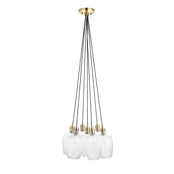 Mia Antique Brass 7 Light Cluster Pendant with Ribbed Glass Shades
