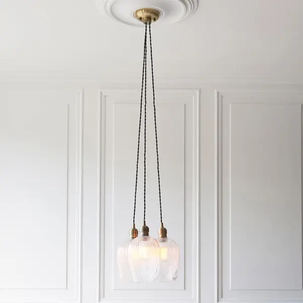 Mia Antique Brass 3 Light Cluster Pendant with Ribbed Glass Shades