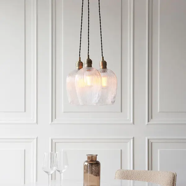 Mia Antique Brass 3 Light Cluster Pendant with Ribbed Glass Shades