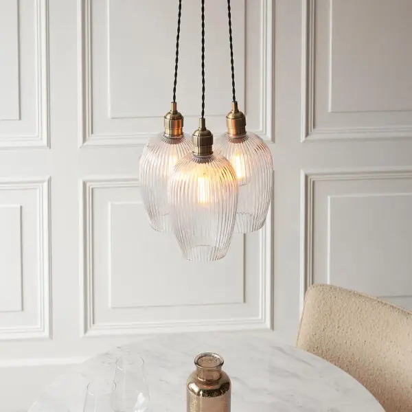 Mia Antique Brass 3 Light Cluster Pendant with Ribbed Glass Shades