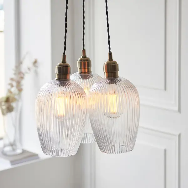 Mia Antique Brass 3 Light Cluster Pendant with Ribbed Glass Shades