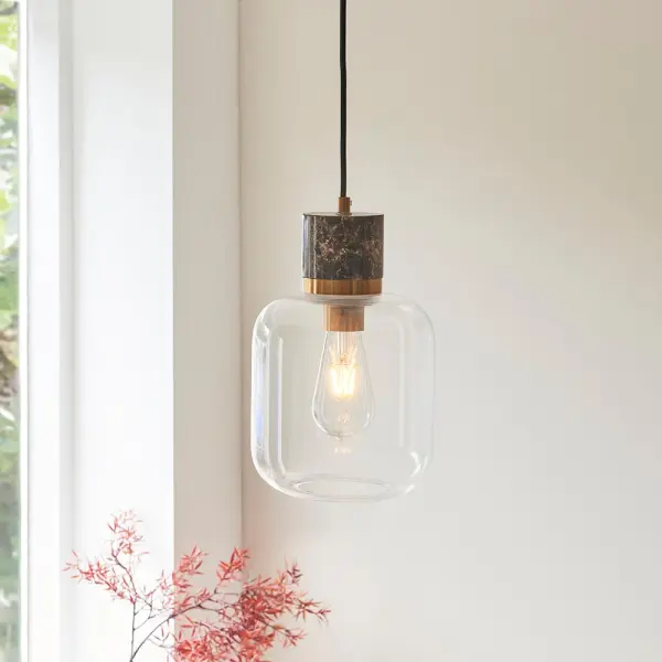 Travi Natural Travertime Stone Pendant C/W Clear Glass