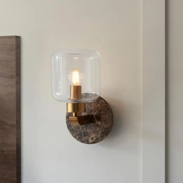 Travi Dark Brown Emperador Marble Wall Light C/W Clear Glass Shade