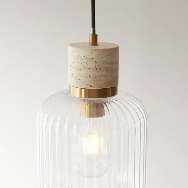 Travi Natural Travertime Stone Pendant C/W Ribbed Glass