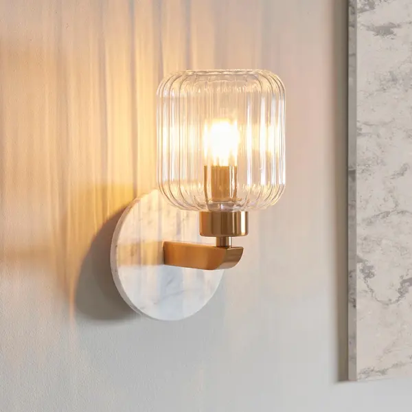 Travi White Volaskas Marble Wall Light C/W Ribbed Glass Shade