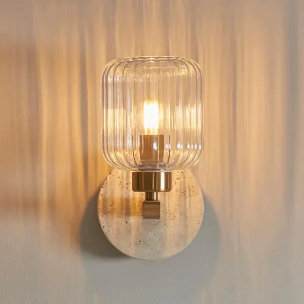 Travi Natural Travertime Stone Wall Light C/W Clear Ribbed Shade