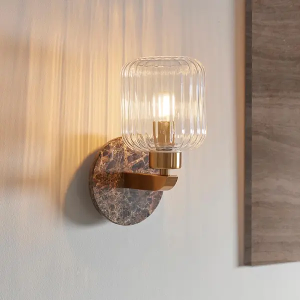 Travi Dark Brown Emperador Marble Wall Light C/W Ribbed Glass Shade