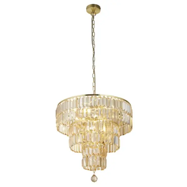 Empire Satin Brass 5 Light Chandelier With Bevelled Crystal Coffin Drops