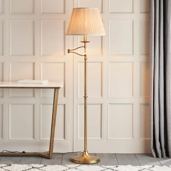 Stanford Antique Brass Swing Arm Floor & Beige Shade
