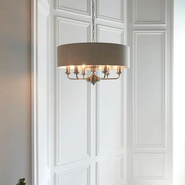 Highclere 6 Light Drum Pendant in Brushed Chrome C/W Natural Shade