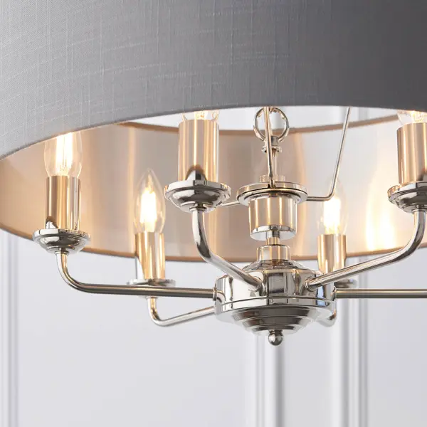 Highclere 6 Light Drum Pendant in Bright Nickel C/W Charcoal Shade