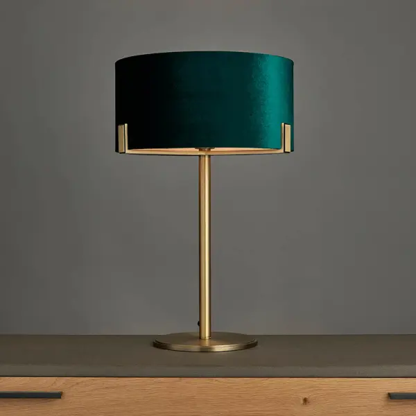 Hayfield Table Lamp in Matt Antique Brass C/W Green Velvet Shade