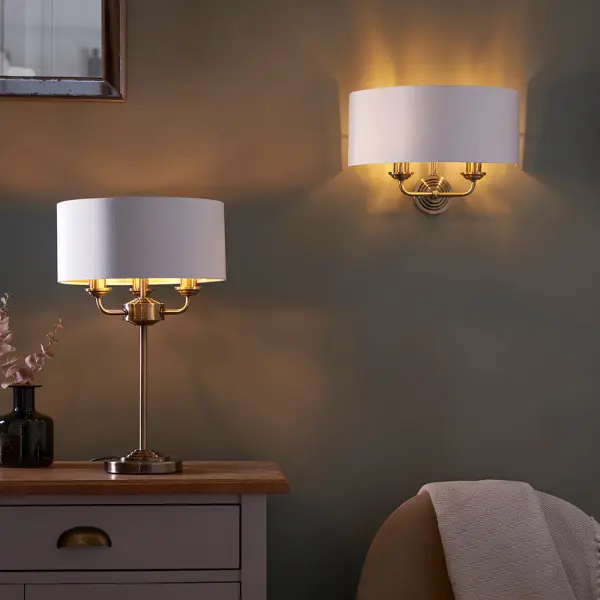 Highclere 3 Light Table Lamp in Antique Brass C/W White Shade