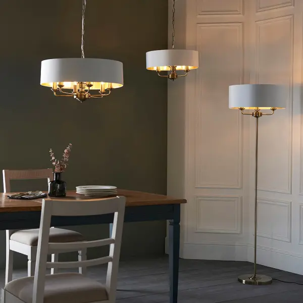 Highclere 6 Light Drum Pendant in Antique Brass C/W White Shade