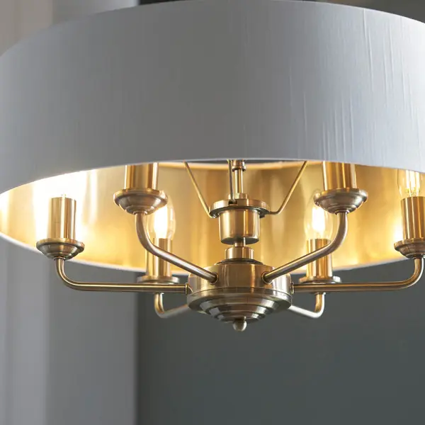 Highclere 6 Light Drum Pendant in Antique Brass C/W White Shade