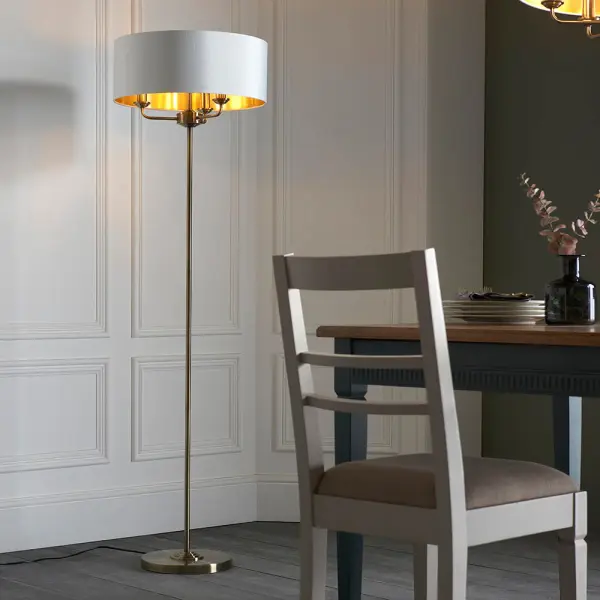 Highclere 3 Light Floor Lamp in Antique Brass C/W White Shade