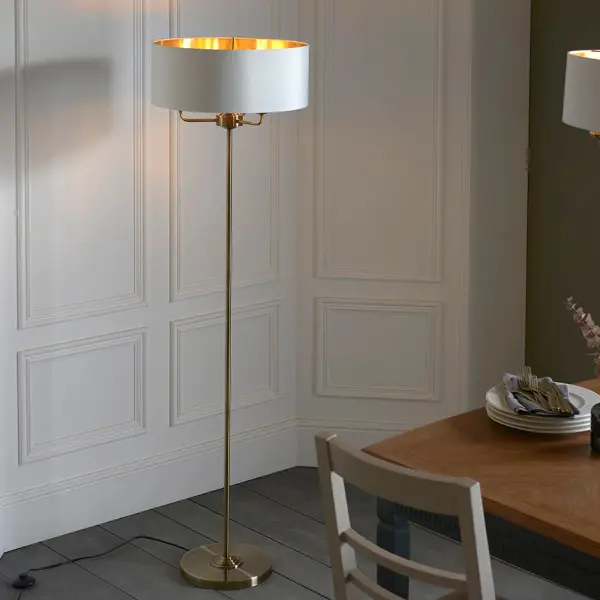 Highclere 3 Light Floor Lamp in Antique Brass C/W White Shade