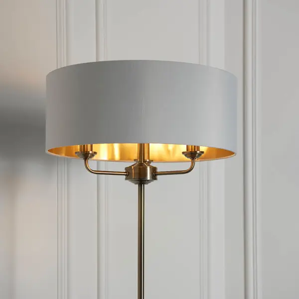 Highclere 3 Light Floor Lamp in Antique Brass C/W White Shade