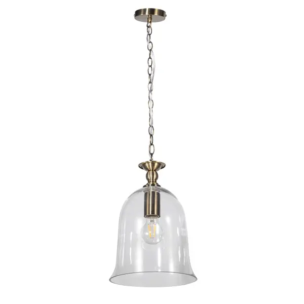 Bell Single Clear Glass Pendant in Antique Brass