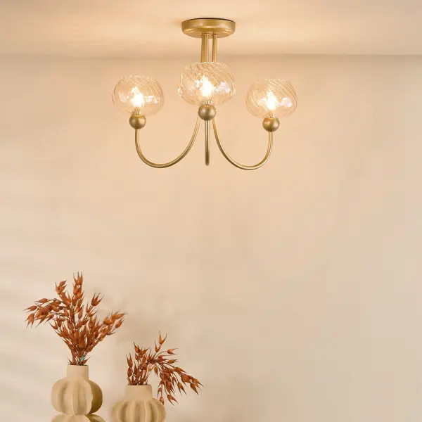 Cognac Satin Gold & Champagne Glass 3 Light Semi Flush