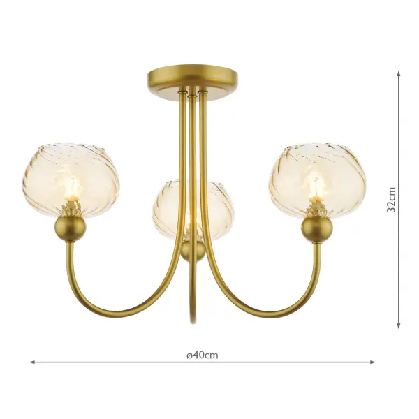Cognac Satin Gold & Champagne Glass 3 Light Semi Flush