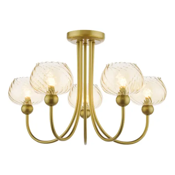 Cognac Satin Gold & Champagne Glass 5 Light Semi Flush