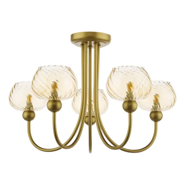 Cognac Satin Gold & Champagne Glass 5 Light Semi Flush