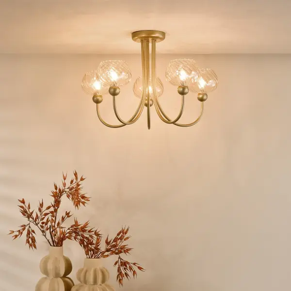 Cognac Satin Gold & Champagne Glass 5 Light Semi Flush