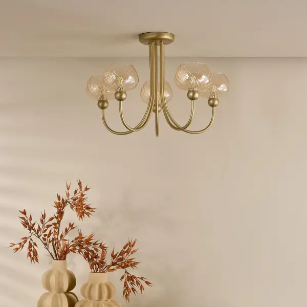 Cognac Satin Gold & Champagne Glass 5 Light Semi Flush