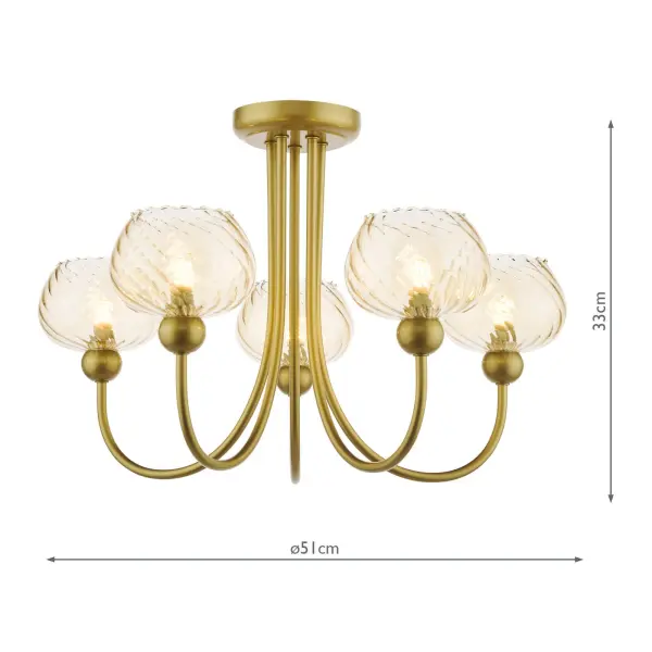 Cognac Satin Gold & Champagne Glass 5 Light Semi Flush