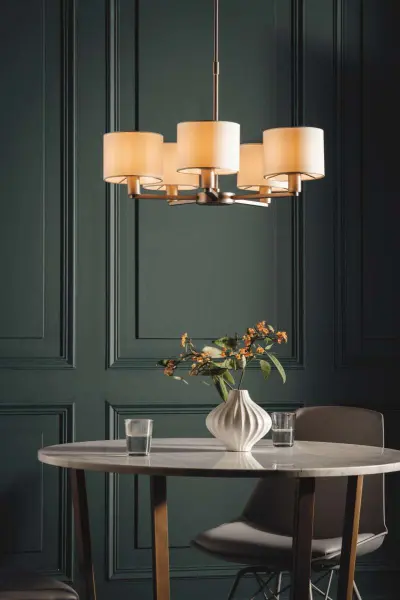 Daley 5 Light Multi Arm Pendant in Nickel C/W White Shades