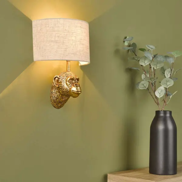 Raul Monkey Wall Light Gold C/W Natural Linen Shade