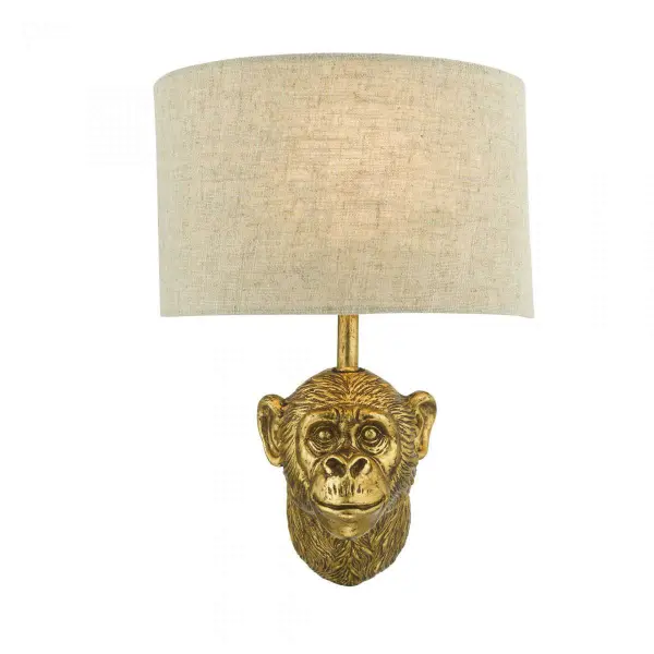 Raul Monkey Wall Light Gold C/W Natural Linen Shade