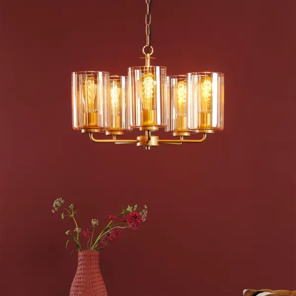 Daylin Satin Gold & Amber Glass 5 Light Pendant