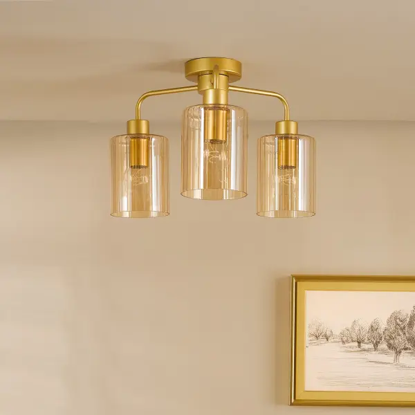 Daylin Satin Gold & Amber Glass 3 Light Semi Flush