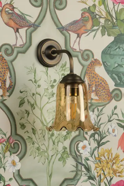Ebba Antique Brass Wall Light with Amber Glass Shade