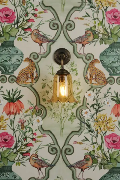 Ebba Antique Brass Wall Light with Amber Glass Shade