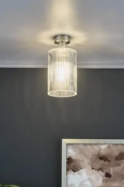 Emerson Antique Chrome Semi Flush with Cylinder Ribbed Glass