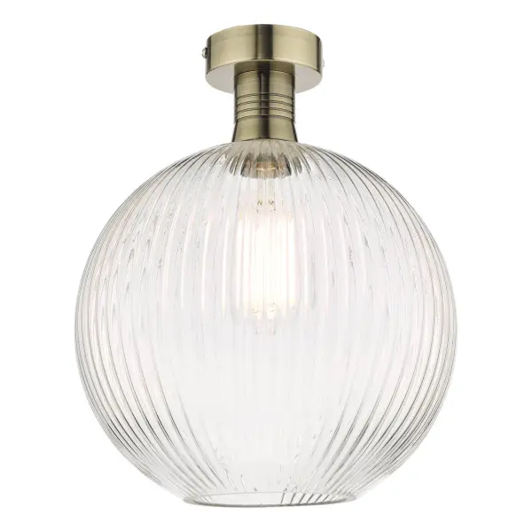 Emerson Antique Brass Semi Flush with Round Ribbed Glass