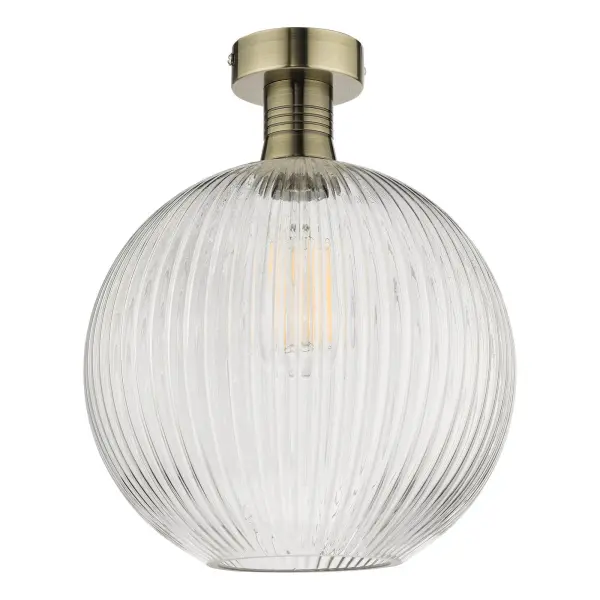 Emerson Antique Brass Semi Flush with Round Ribbed Glass